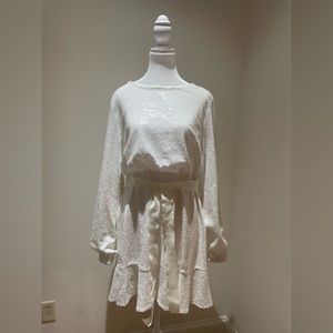 Jay by JayGodfrey white sequin long sleeved dress with velvet bow waist tie. 14